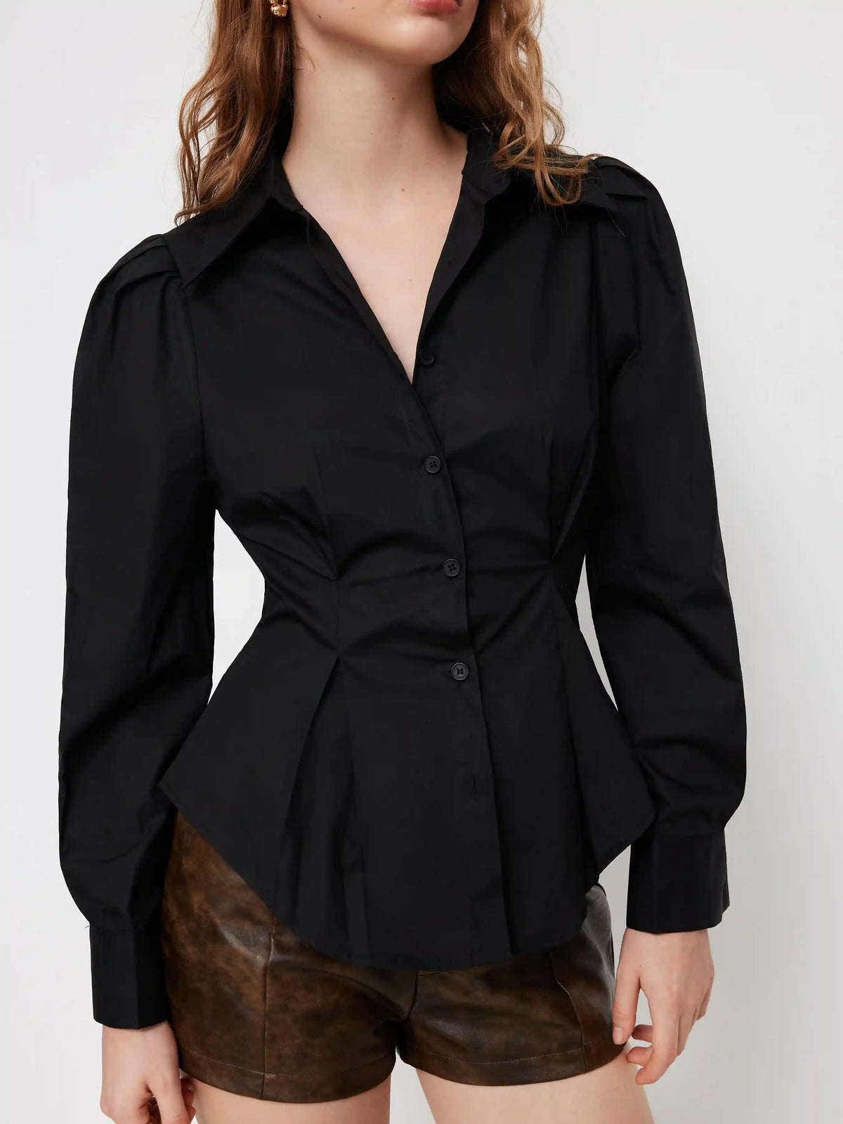 Cotton-blend Pleated Cinched Waist Puff Sleeve Shirt