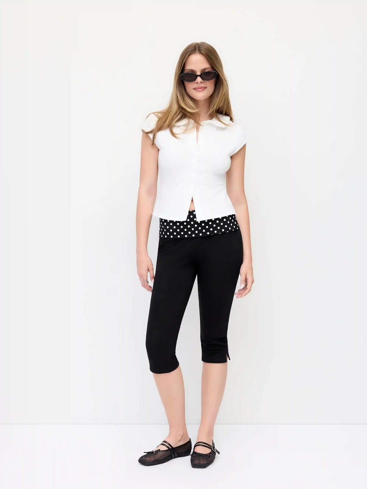 Cotton-blend Low Rise Polka Dot Fold Over Tapered Capri Trousers