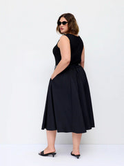Boat Neck Sleeveless Pocket Midi A-line Dress With Belt Curve & Plus