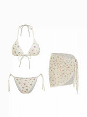 Halter Neckline Floral Lace Trim Triangle Tie Side Bikini Set With Sarong