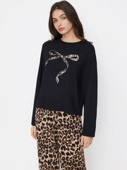 Bowknot Leopard Print Long Sleeve Top & Mid Rise Elastic Waist Wide Leg Trousers Loungewear Set