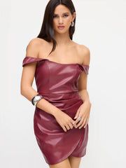 Faux Leather Off-shoulder Wrap Ruched Mini Dress