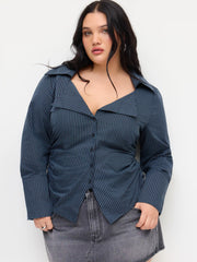 Cotton-blend Stripe Collar Long Sleeve Ruched Belted Shirt Curve & Plus