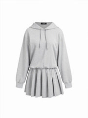 Hooded Drawstring Pleated Sweatshirt Mini Dress
