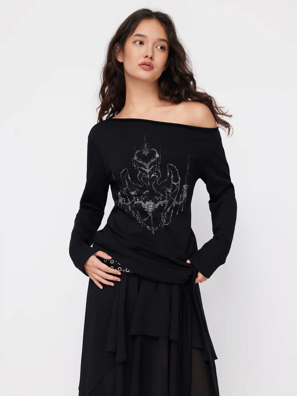 Cotton-blend Abstract Graphic Asymmetrical Neck Long Sleeve Tie Side Oversized Tee