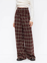Wool-look Mid Rise Plaid Fold Over Button Straight Leg Trousers