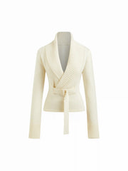 Knit Collar V-neck Cinched Waist Cardigan With Belt