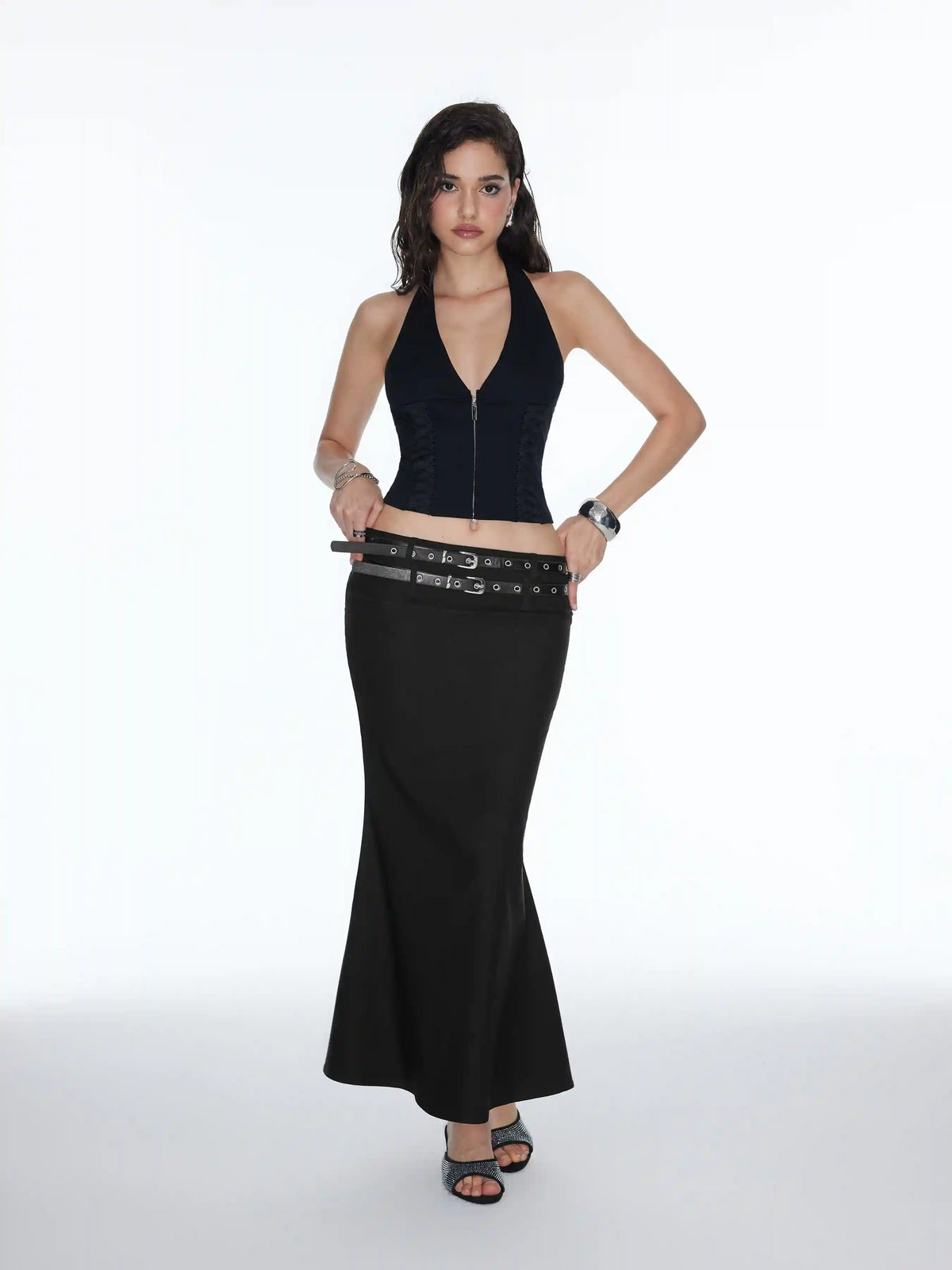 Mid Rise Mermaid Maxi Skirt With Belt