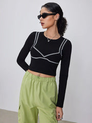 Round Neck Contrasting Binding Crop Long Sleeve Tee