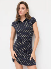 Collar Ruched Polka Dot A-line Mini Dress