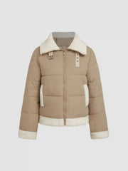 Fleece Buckle Collar  Patchy Zipper Puffer Jacket