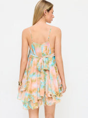 Chiffon Abstract Graphic V-neck Ruffled Tie Back A-line Mini Dress