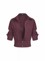 Cotton Collar Mid-length Sleeve Shirt  with Cami Top