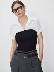 Collar Two Tone Patchy Short Sleeve Shirt