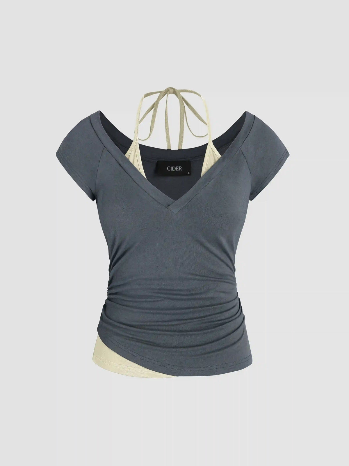 Halter Neckline Patchy Short Sleeve Top