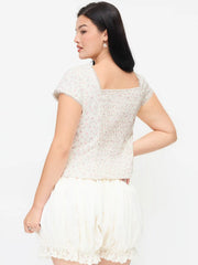 Cotton-blend Floral Square Neck Lace Trim Bowknot Blouse Curve & Plus