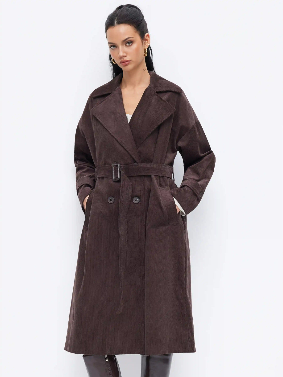 Corduroy Notched Collar Double Breasted Trench Coat With Belt