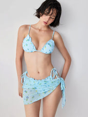 V-neck Floral Lettuce Trim Tie Side Triangle Bikini Set With Sheer Sarong