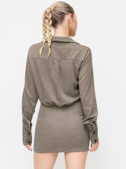 Collar Houndstooth Ruched Zipper Mini Dress