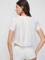 Cotton V-neck Bowknot Puff Sleeve Crop Blouse