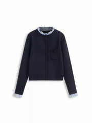 Knit Plaid Round Neck Long Sleeve Ruffle Trim Button Cardigan