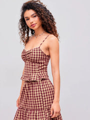 Woven V-neck Gingham Shirred Cami Top