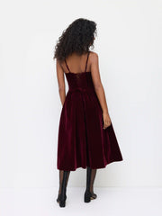 Velvet U-neckline Floral Embroidery Midi Dress