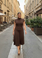 Knit High Neck A-line Maxi Dress With Belt Curve & Plus