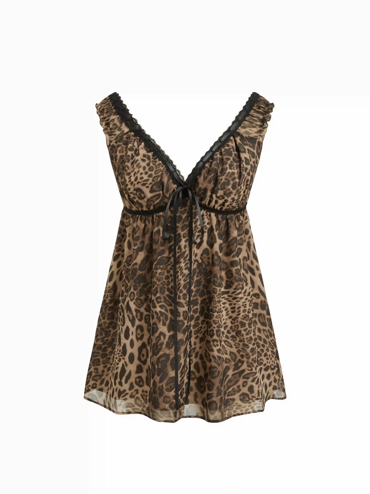 V-neck Leopard Drawstring Lace Trim Nightdress