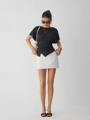 Polka Dot Boat Neck Batwing Sleeve Ruched Asymmetrical Tee