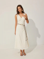 Textured V-neck Sleeveless A-line Maxi Dress With Beaded Belt