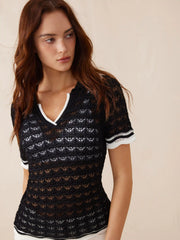 Knit Textured Contrast Trim Polo Short Sleeve Top