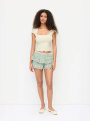 Cable Knit Square Neck Short Sleeve Lace Trim Top