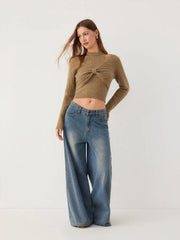 Knit V-neck Bowknot Crop Top & Knit High Neck Top