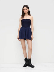Cotton Texture Bandeau Bowknot Ruffle Hem Romper
