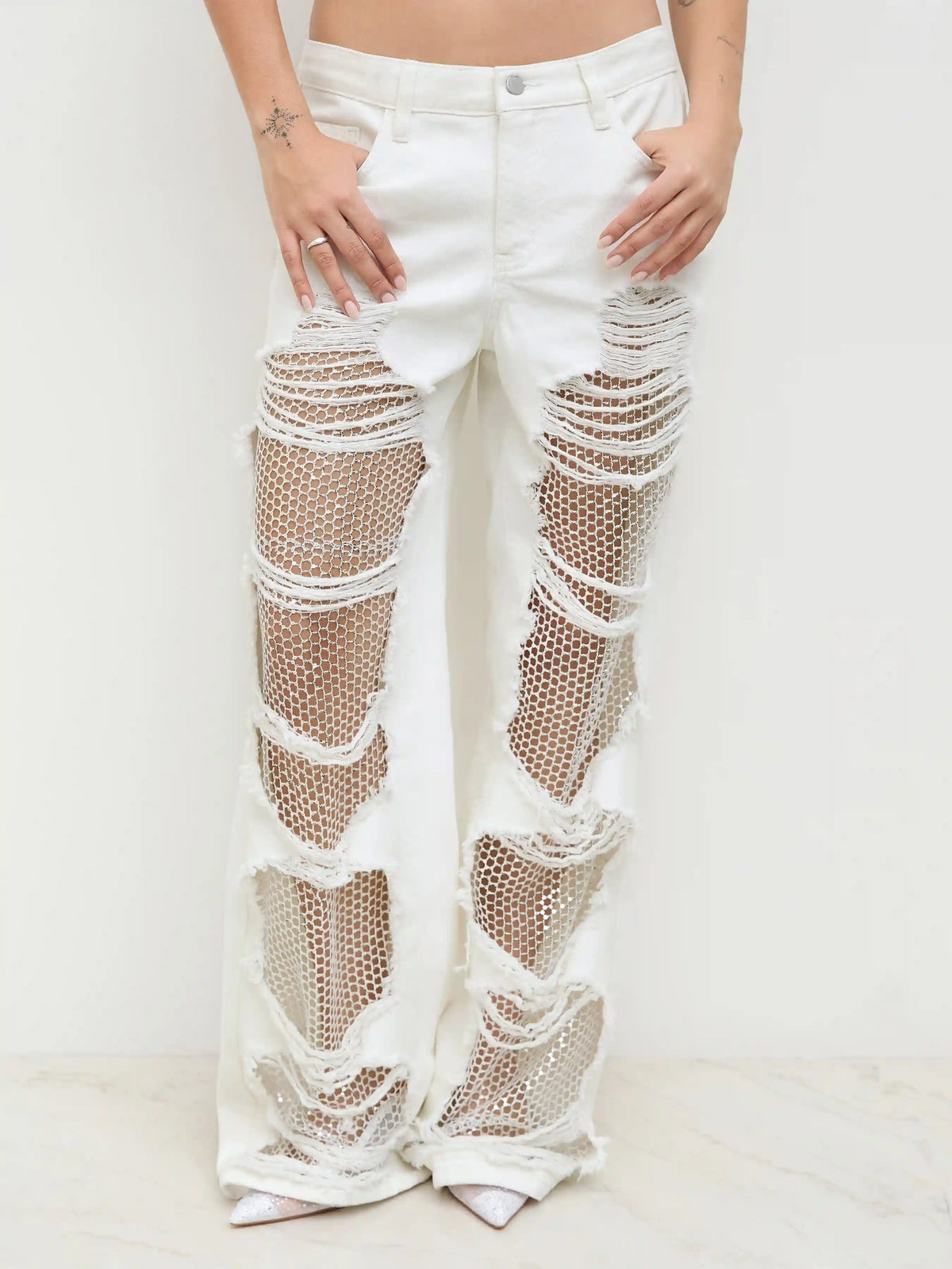 Denim Low Rise Ripped Hollow Out See-through Wide Leg Jeans
