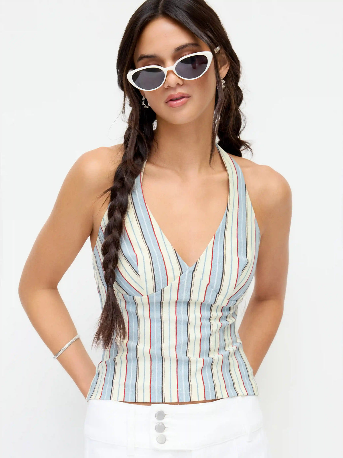 Cotton-blend Striped Halter Neck Backless Top