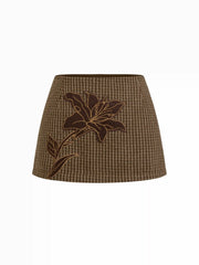 Tweed Floral Applique Check Low Rise Mini Skirt