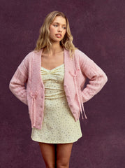 Knit Wool-blend V-neck Long Sleeve Lace Bowknot Button Oversized Cardigan
