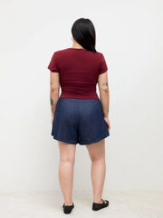 Denim Mid Rise Pleated Shorts Curve & Plus