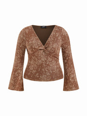 Mesh Paisley V-Neck Twist Knot Bell Sleeve Top Curve & Plus