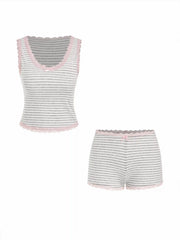 Scoop Neck Striped Lace Trim Top & Mid Rise Shorts Set
