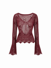 Knit Crochet Boat Neck Bell Sleeve Knotted Cut Out Backless Top