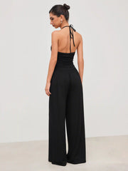 Halter Neckline Lace Trim Backless Ruched Jumpsuit