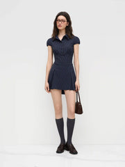 Collar Stripes Pleated Shirt Mini Dress