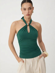 Halter Neckline Beaded Ruched Twist Knotted Top