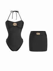 Halter Neckline Flower Detail Cut Out One-piece Swimsuit & Cover Up Skirt Set