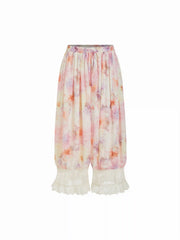 Chiffon Mid-Rise Abstract Print Lace Trim Bloomer Cropped Trousers