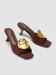 METAL DECOR SQUARE OPEN TOE KITTEN FAUX SUEDE HEELS