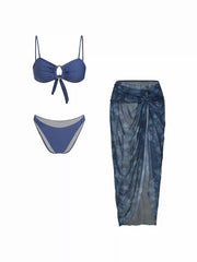 Sweetheart Floral Ruched O-Ring Bracelet Low Rise Bikini Set With Sarong